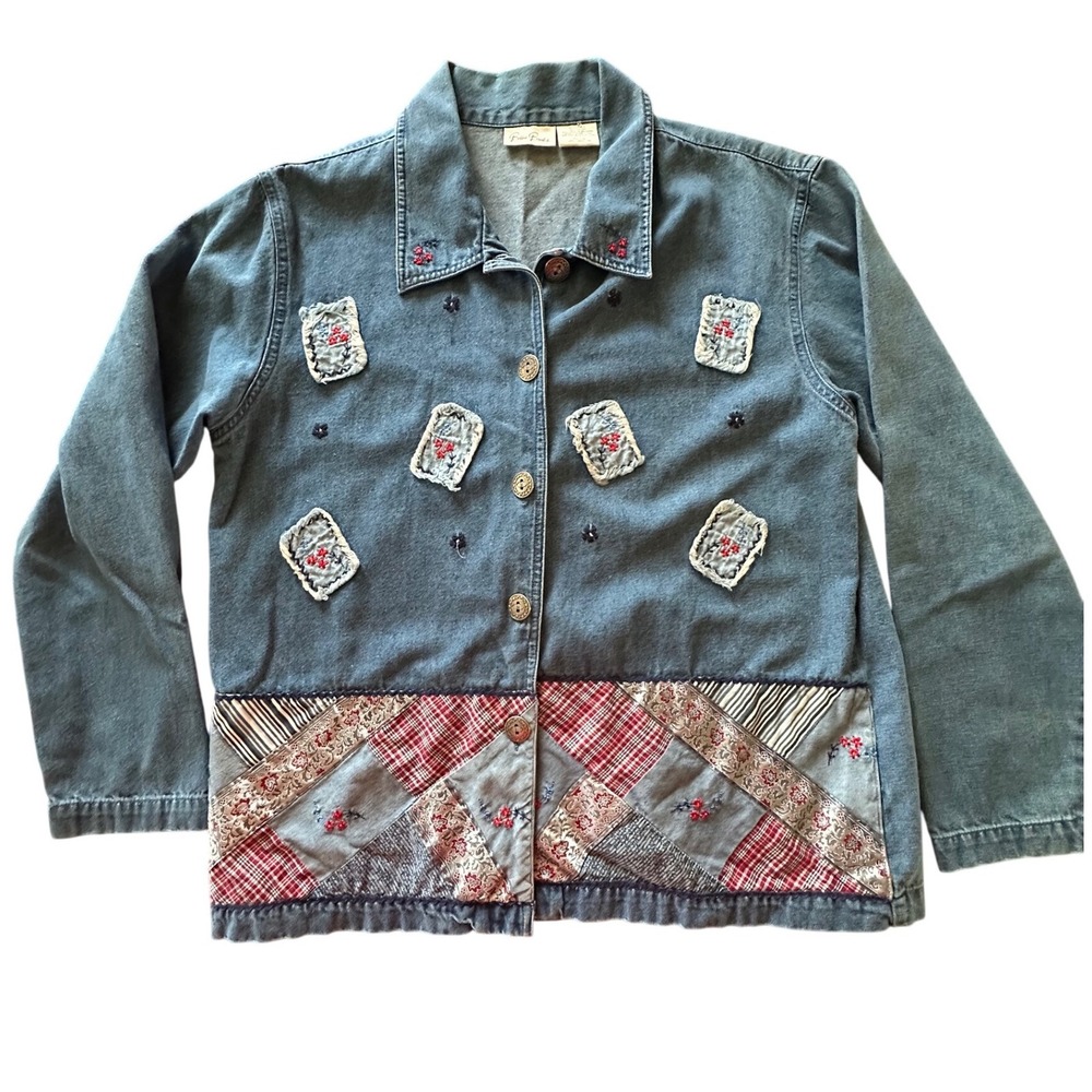 Bobbie Brooks Vintage Patchwork Denim Jacket Blue Embroidered Floral Cottagecore